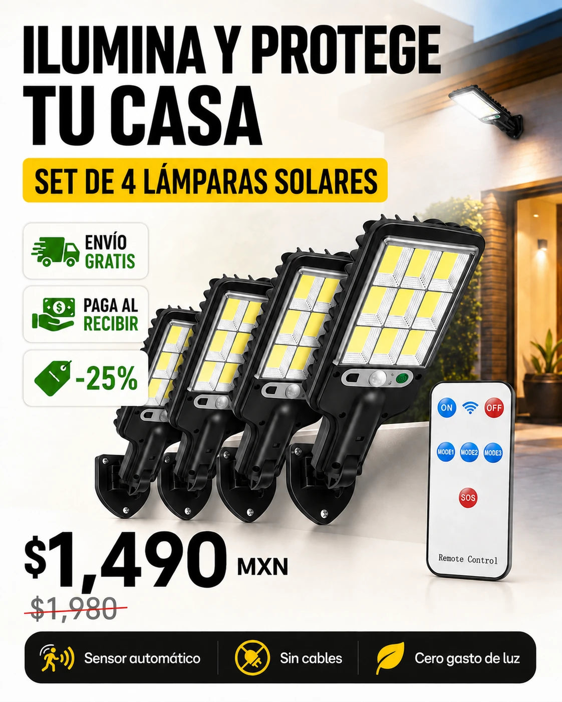 Set de 4 Lámparas Solares LED con Sensor